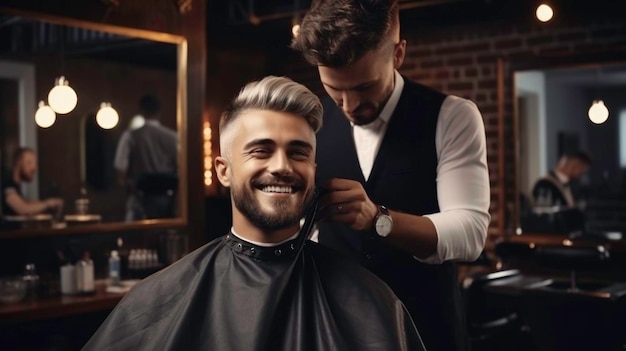 Le beau coiffeur coupe les cheveux d'un client masculin Le coiffeur dessert un client au barbier