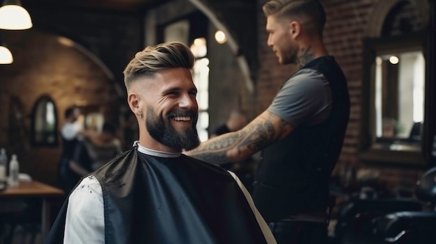 Le beau coiffeur coupe les cheveux d'un client masculin Le coiffeur dessert un client au barbier