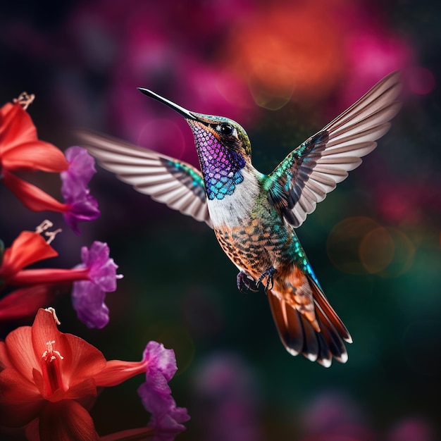 un beau colibri volant près des fleurs