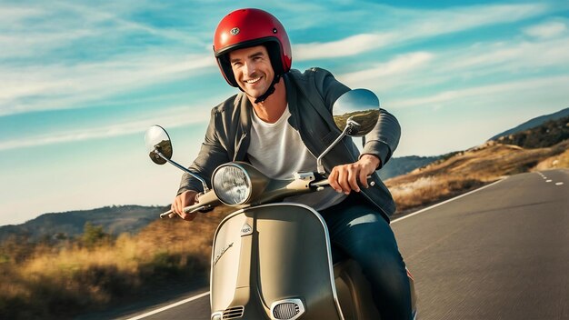 Photo un beau conducteur de scooter avec un casque rouge.