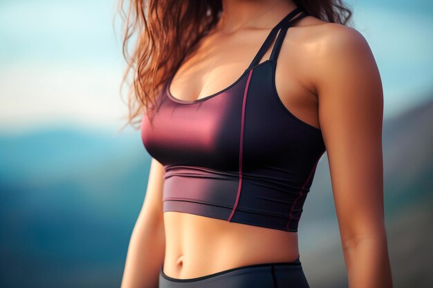 Photo beau corps féminin athlétique en gros plan dans des vêtements de sport sombres sur le fond de la nature active