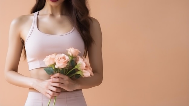 Beau corps mince de femme tenant un bouquet de fleurs en studio