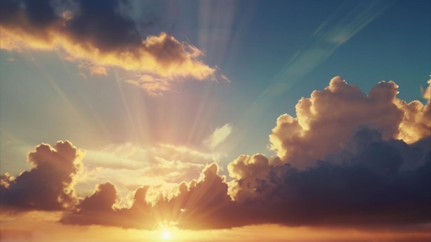 Beau coucher de soleil en arrière-plan avec des nuages et des rayons de lumière