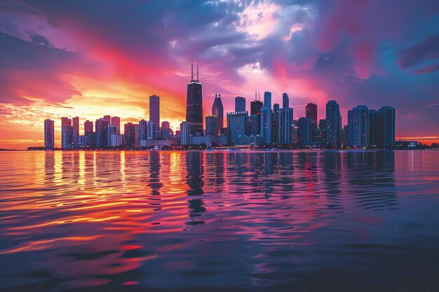 Un beau coucher de soleil au-dessus d'une grande ville avec de hauts bâtiments