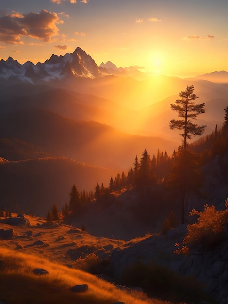 Beau coucher de soleil au-dessus des montagnes la forêt au coucher du soleil orange ai généré