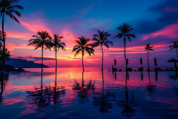 Beau coucher de soleil au-dessus de la piscine avec des palmiers et des rayons de soleil