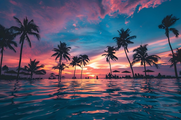 Beau coucher de soleil au-dessus de la piscine avec des palmiers et des rayons de soleil