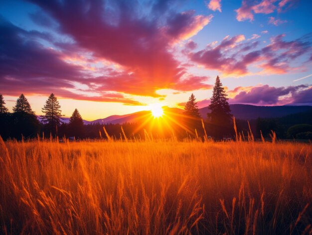 Photo beau coucher de soleil sur un champ agricole rural