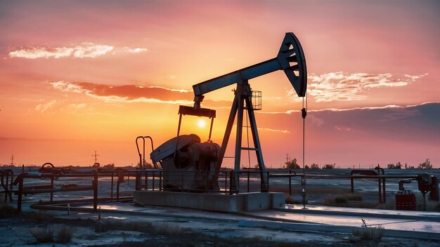 Beau coucher de soleil sur un champ de pétrole avec une pompe.