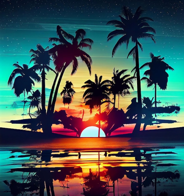 Beau coucher de soleil coloré fond océan tropical plage Illustration IA générative