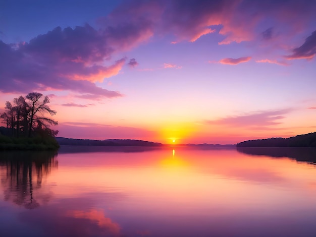 Beau coucher de soleil dans les montagnes panorama paysage du lac avec ciel bleu nuages moelleux image AI