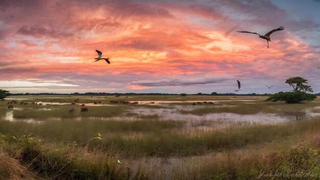 Photo beau coucher de soleil dans le pantanal nord