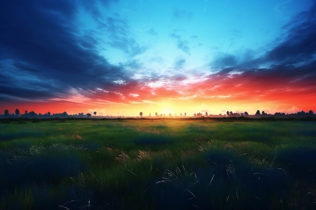 Beau coucher de soleil dans le pré avec ciel bleu et nuages