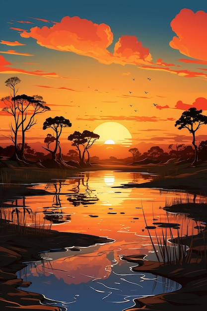 Beau coucher de soleil dans la savane