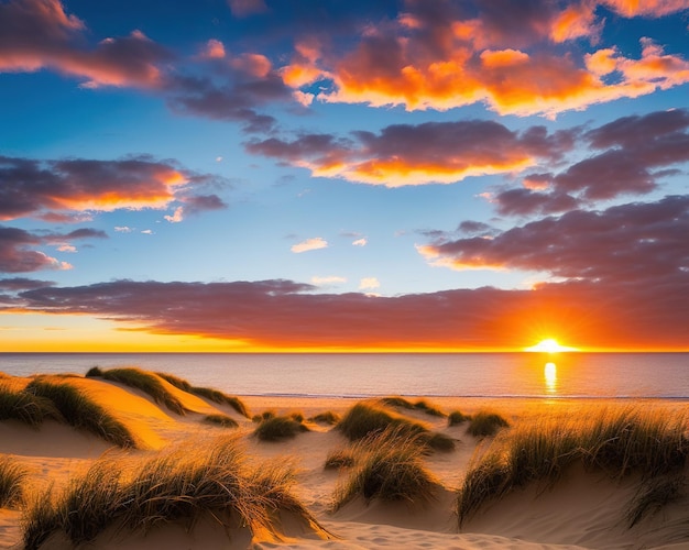 Beau coucher de soleil sur les dunes de l'île de la mer