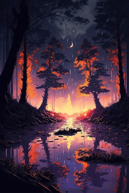 Beau coucher de soleil, Forêt