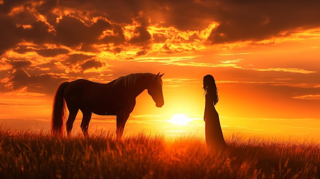 Photo un beau coucher de soleil à l'heure d'or met en évidence les silhouettes d'une belle fille et d'un cheval dans le champ