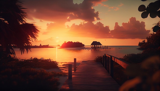 Beau coucher de soleil sur une île tropicale avec des palmiers ai génératif