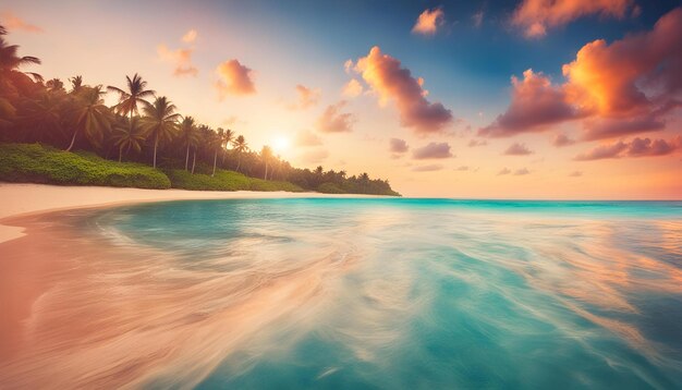 un beau coucher de soleil sur une île tropicale avec des palmiers et un beau couché de soleil