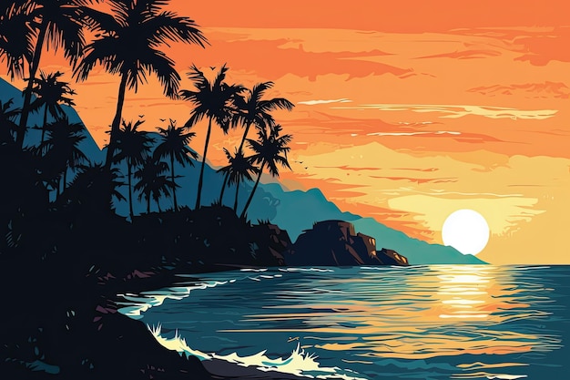 Beau coucher de soleil sur l'illustration de la mer dans un style plat