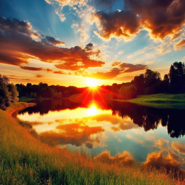 Photo beau coucher de soleil sur le lac coucher de soleil sur le lac beau paysage