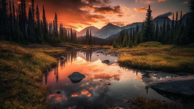 Un beau coucher de soleil sur un lac de montagne avec une montagne en arrière-plan.