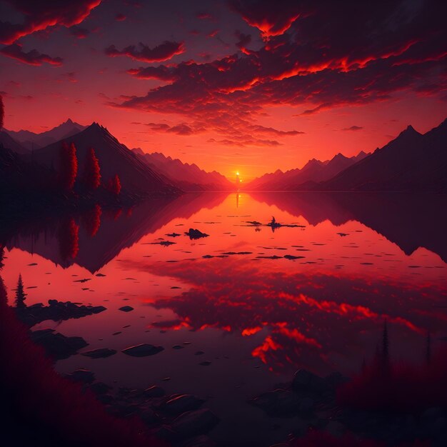 beau coucher de soleil sur un lac avec des montagnes en arrière-plan
