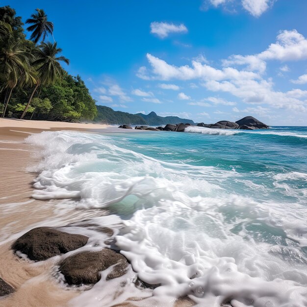 Beau coucher de soleil lumineux sur une plage paradisiaque tropicale