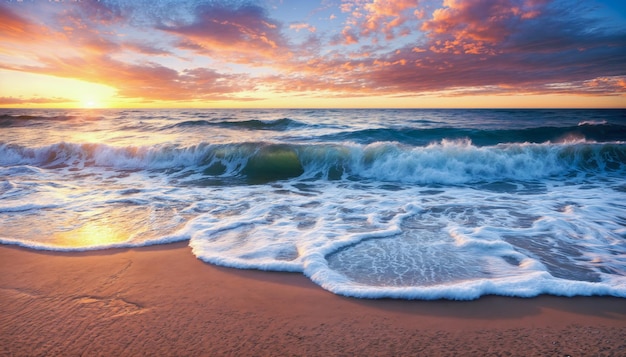 Le beau coucher de soleil sur la mer Les couleurs chaudes du ciel et les vagues douces créent une scène paisible et relaxante