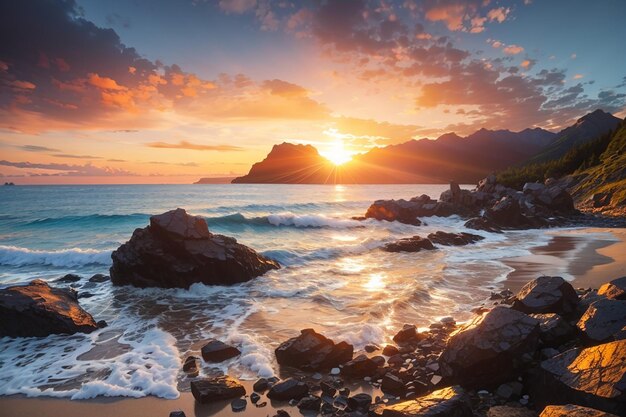 Beau coucher de soleil sur la montagne autour de la plage de la mer de l'océan et du rocher