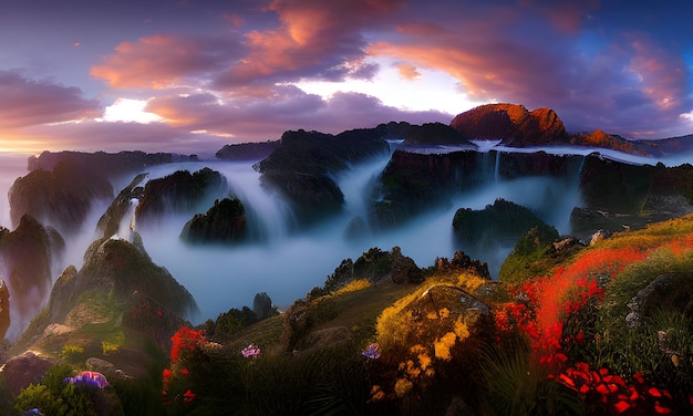 Un beau coucher de soleil sur une montagne avec une cascade au premier plan.