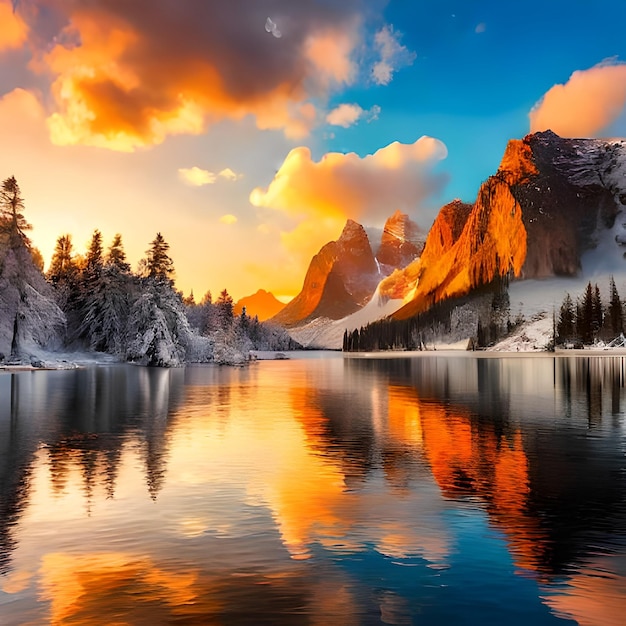 Photo un beau coucher de soleil avec des montagnes enneigées et un lac avec une montagne en arrière-plan.