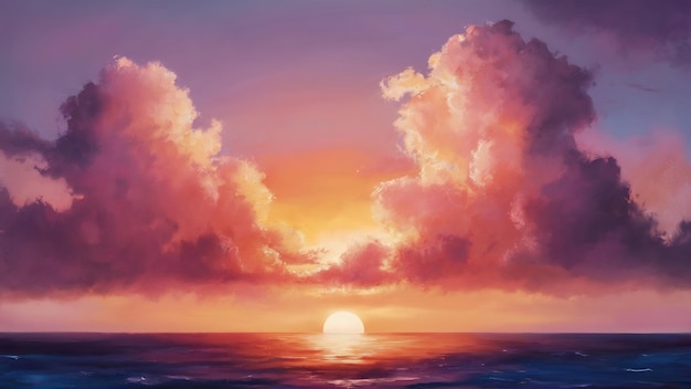 Beau coucher de soleil sur l'océan à l'horizon avec le soleil brillant à travers de grands nuages