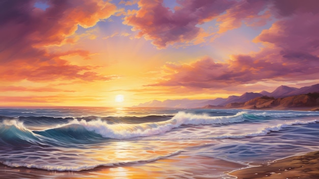 Beau coucher de soleil sur l'océan avec des vagues qui s'écrasent sur le rivage