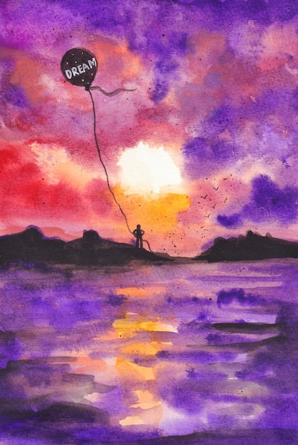 beau coucher de soleil paysage aquarelle fond