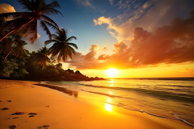 Beau coucher de soleil avec paysage tropical