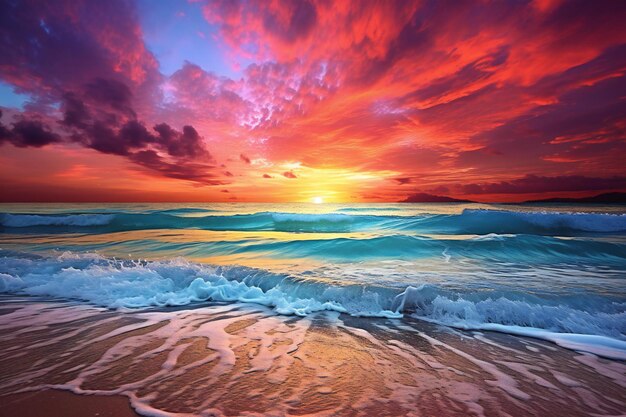 Beau coucher de soleil sur la plage Ciel coloré et mer