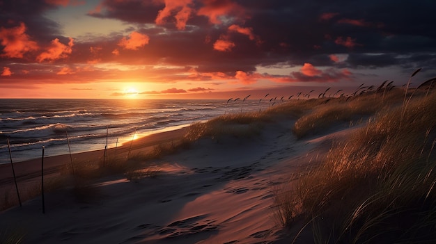 beau coucher de soleil sur la plage des dunes avec un ciel dramatique