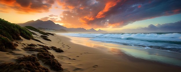 Beau coucher de soleil sur la plage de Famara sur l'île de Lanzarote Canaries Espagne