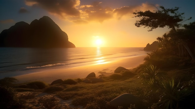 Beau coucher de soleil sur la plage heure d'or coucher de soleil silhouette haute colline falaise île et beau ciel nuageux