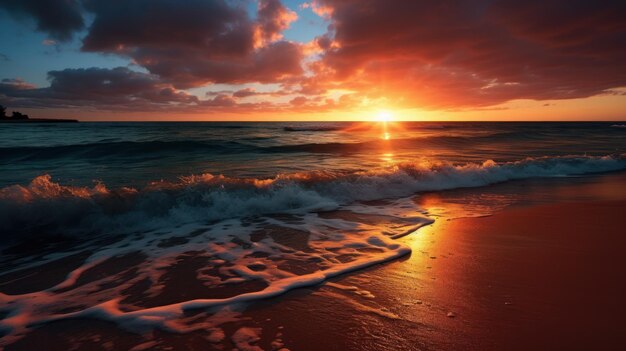 Beau coucher de soleil sur la plage de l'océan Le ciel se reflète dans l'eau