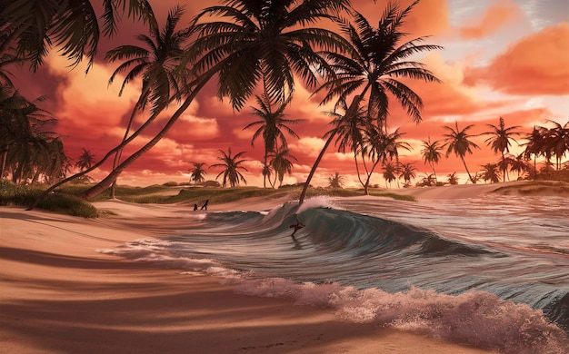 Beau coucher de soleil sur la plage avec un palmier