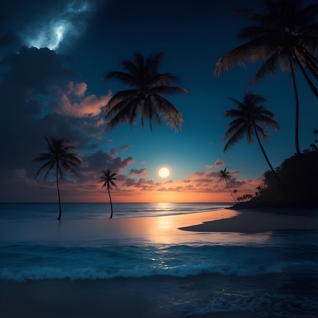 Beau coucher de soleil sur la plage avec palmiers rendu 3d