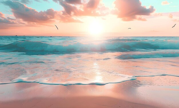 Un beau coucher de soleil avec une plage de sable blanc et de l'eau propre à l'arrière-plan de la plage d'été de vacances