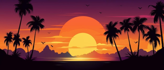 Beau coucher de soleil sur la plage avec les silhouettes de palmiers Generative AI