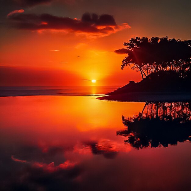 Photo beau coucher de soleil sur une plage tropicale avec une silhouette d'arbres et un ciel bleu rose orange pour l'espace de copie et la création de contenu multimédia