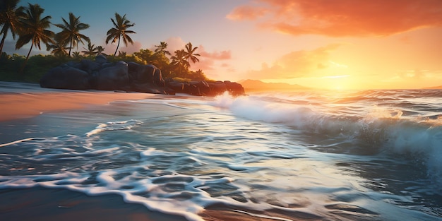 Beau coucher de soleil sur la plage Vue panoramique de l'océan