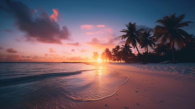 Beau coucher de soleil sur le rivage de l'océan avec des palmiers reposant sur l'île