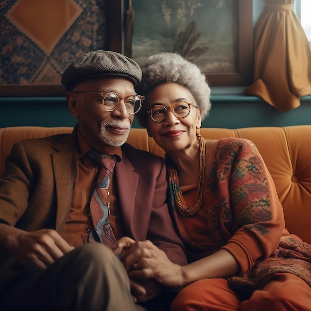 Un beau couple afro-américain hétéro est assis à la maison sur le canapé un beau couple de personnes âgées générées par l'IA