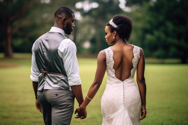 Beau couple afro-américain marchant le jour du mariage Generative AI